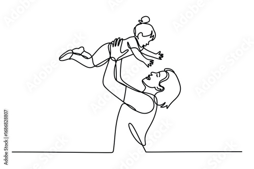One Line Drawing of Father Lifting Child – Family Love and Joy Illustration