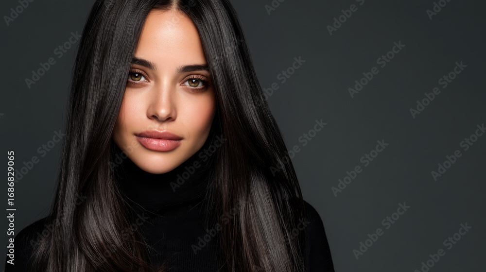 Fototapeta premium Portrait of young woman with long, straight hair and confident expression, wearing black turtleneck against dark background. image conveys elegance and beauty