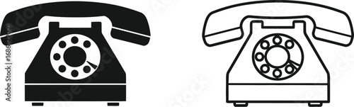 Retro rotary dial telephone, a classic communication device in silhouette and outline