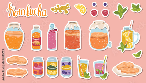 Kombucha stickers set with bottles, glasses and cans in flat cartoon style.