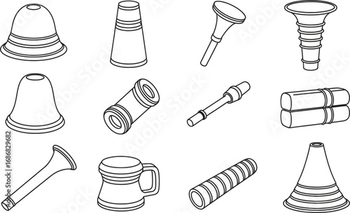 Collection of simple line art illustrations of various musical wind instruments
