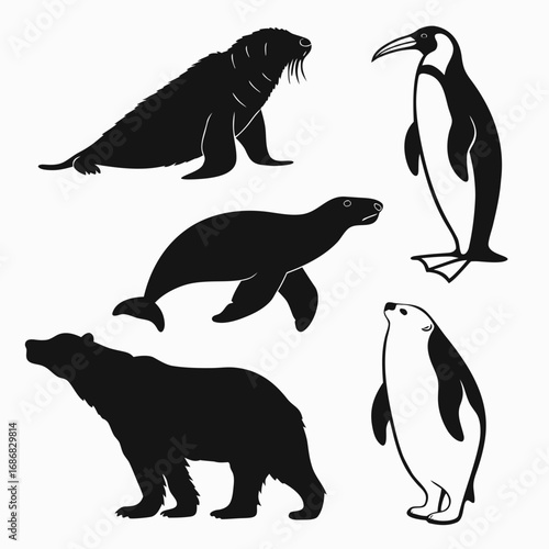 Arctic wildlife silhouettes polar bear walrus penguins seals vector