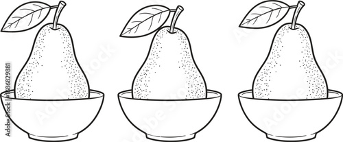 Three perfectly ripe pears sit in individual white bowls, ready for harvest or display.