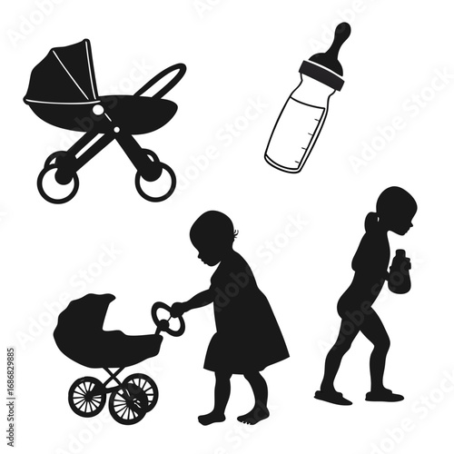 Baby toddler objects and silhouettes stroller baby bottle