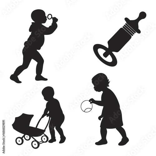 Baby silhouettes playing with bubbles stroller and syringe toddler
