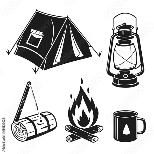 Black and white camping gear icons tent lantern rolled sleeping mat campfire mug