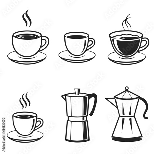 Black and white coffee cups and percolators espresso maker hot beverage