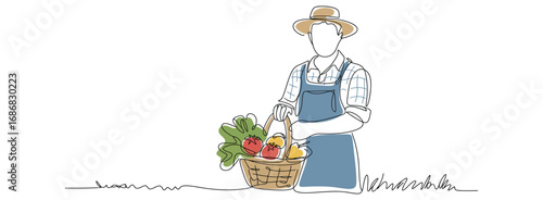 Continuous Line Drawing of Woman Holding Basket – Rural Life Illustration