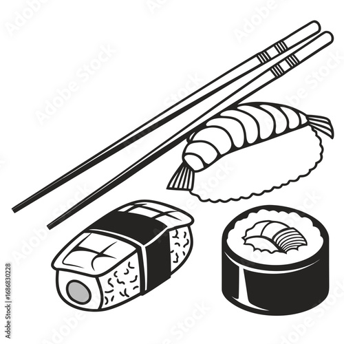 Black and white sushi food silhouettes with chopsticks sashimi Japanese cuisine