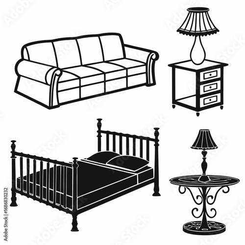 Black and white silhouettes of bedroom and living room furniture sofa lamp