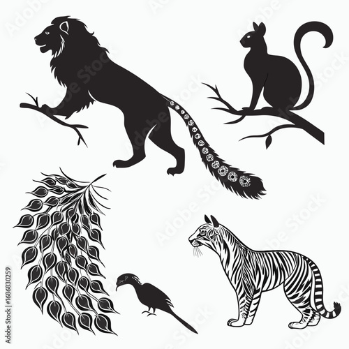 Black animal silhouettes on white background lion tiger