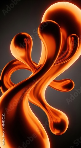 Abstract Orange Fluid Sculpture: Dynamic Forms, Glossy Texture, Dark Background.
