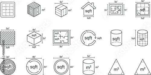 Collection of geometric shapes and floor plans illustrating area and volume measurements