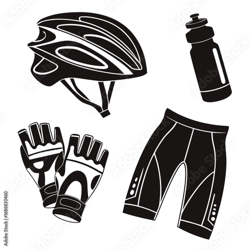 Black cycling gear helmet gloves shorts water bottle equipment