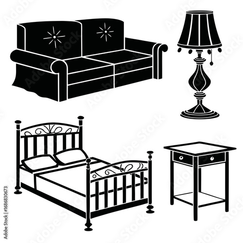 Black furniture silhouettes sofa lamp bed nightstand vector