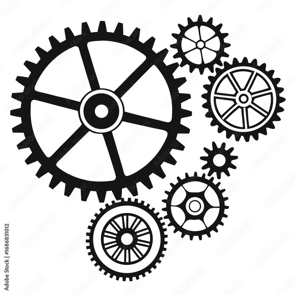 Obraz premium Black mechanical gears and cogs on white machinery industrial