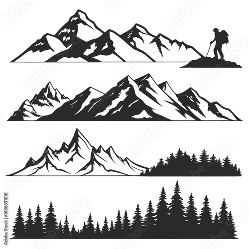 Black mountain ranges and evergreen forest silhouettes mountains peaks