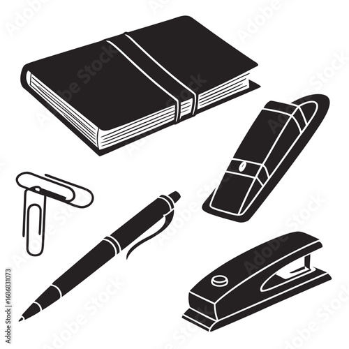 Black office supplies collection notebook pen stapler paperclip vector