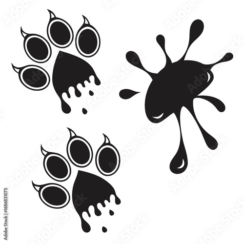 Black paw prints dripping liquid ink splatters vector