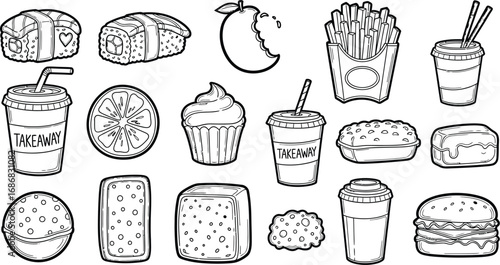 Whimsical collection of doodle-style food and drink items for a fun, casual vibe