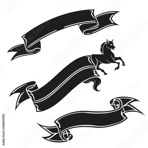Black ribbon banners with horse silhouette white