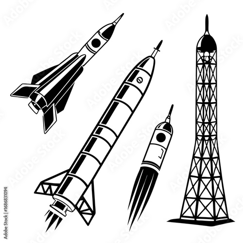 Black rocket silhouettes and launch tower space technology