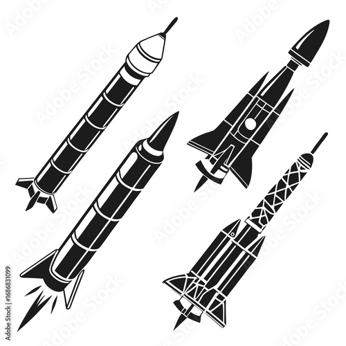Black rocket silhouettes in various angles missile spacecraft
