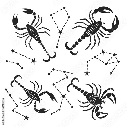 Black scorpions and constellations on white background astrology zodiac