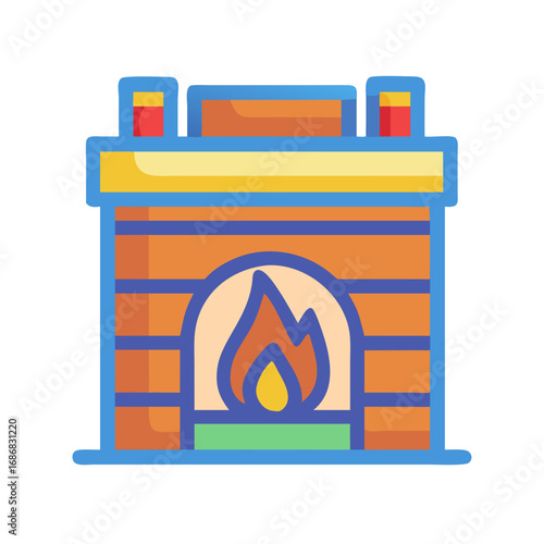 Colorful illustration of a cozy fireplace with burning flames  