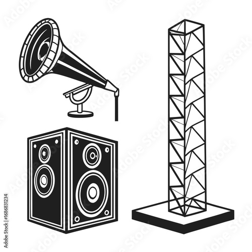 Black silhouette audio equipment and stage structure speaker gramophone