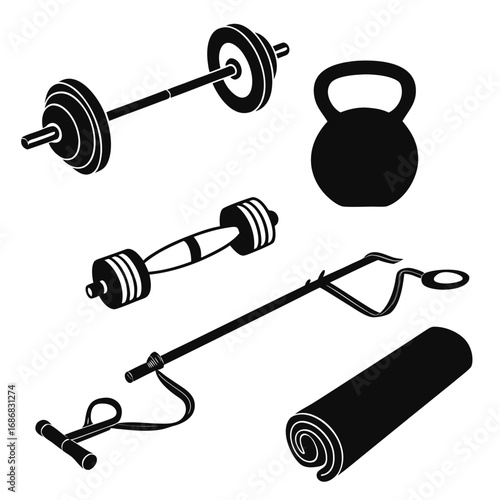 Black silhouette fitness equipment collection workout barbell