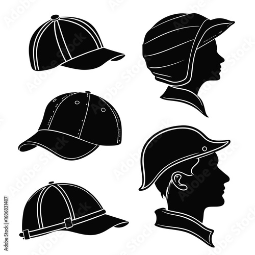Black silhouettes of baseball caps and historical headwear vector