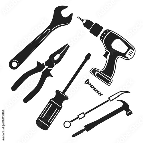 Black silhouettes of assorted mechanical tools and fasteners wrench pliers