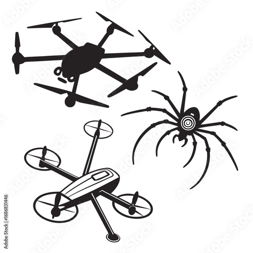 Black silhouettes of drones and spider quadcopter arachnid