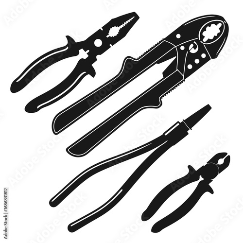 Black silhouettes of various pliers and wire cutters tools hardware