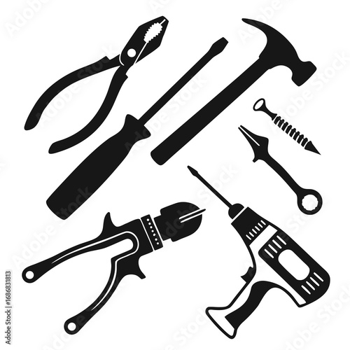 Black silhouettes of various tools on white background wrench hammer