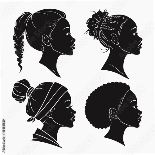 Black silhouettes of women with diverse hairstyles woman female