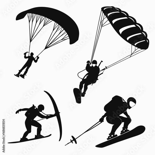 Black silhouettes paragliding skiing snowboarding kitesurfing adventure