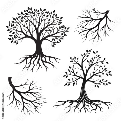 Black tree roots and branches with leaves silhouette