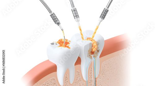 Dental Root Canal Treatment Illustration Showing Tooth Surgery with Three Instruments on Tooth