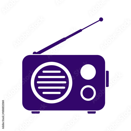 Retro purple radio with antenna on transparent background