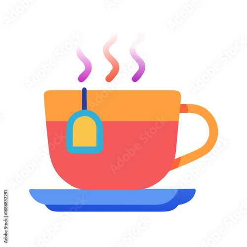 Colorful tea cup with steaming beverage on blue saucer  
