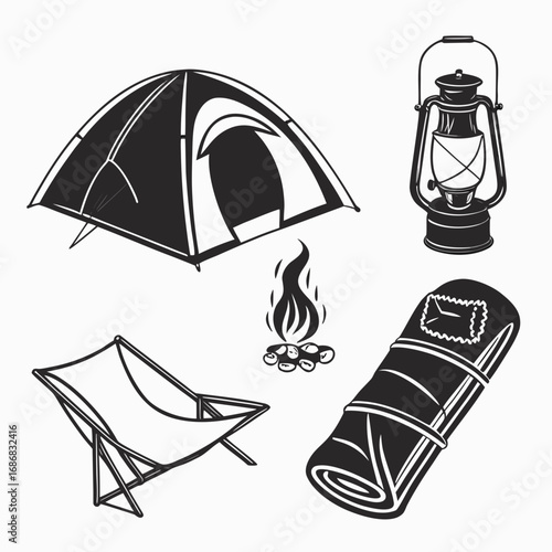 Camping tent lantern campfire chair sleeping bag vector