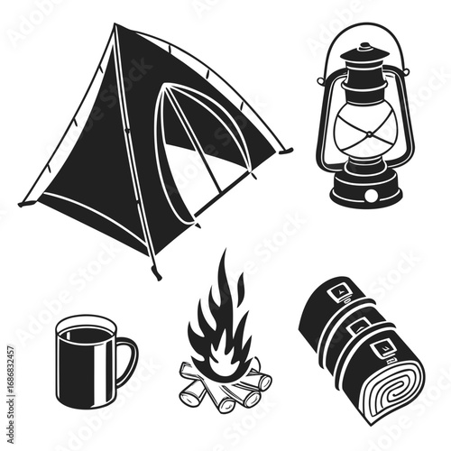 Camping tent lantern campfire mug sleeping bag vector