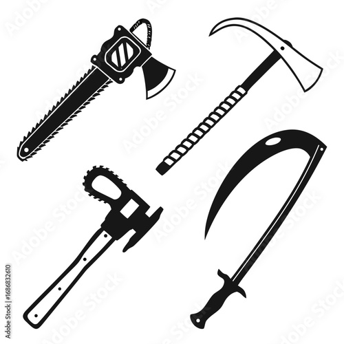 Chainsaw axe pickaxe scythe sword silhouettes vector
