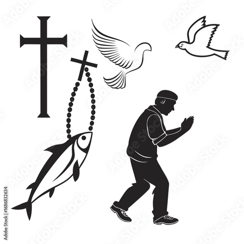 Christian symbols cross dove fish prayer silhouette christianity