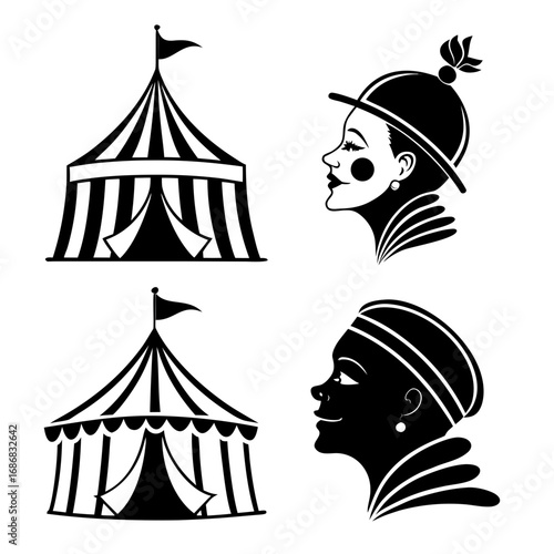 Circus tents and clown faces silhouettes black and white performance