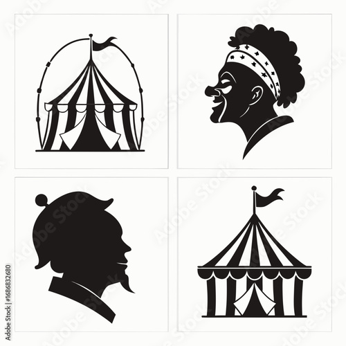 Circus tents and clown faces silhouettes vector
