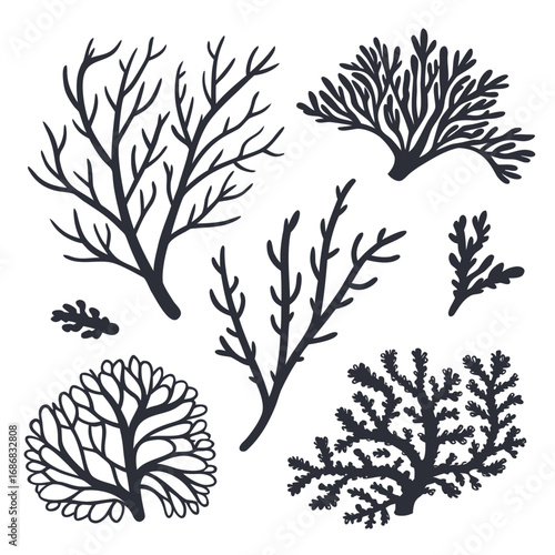 Collection of dark grey coral and seaweed silhouettes underwater marine life