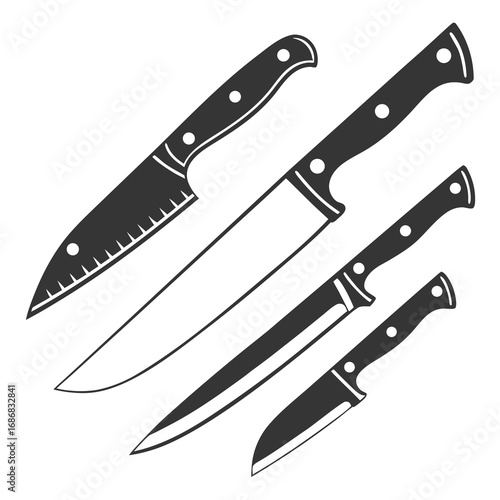 Collection of four dark kitchen knives with varied blades and handles cutlery cooking